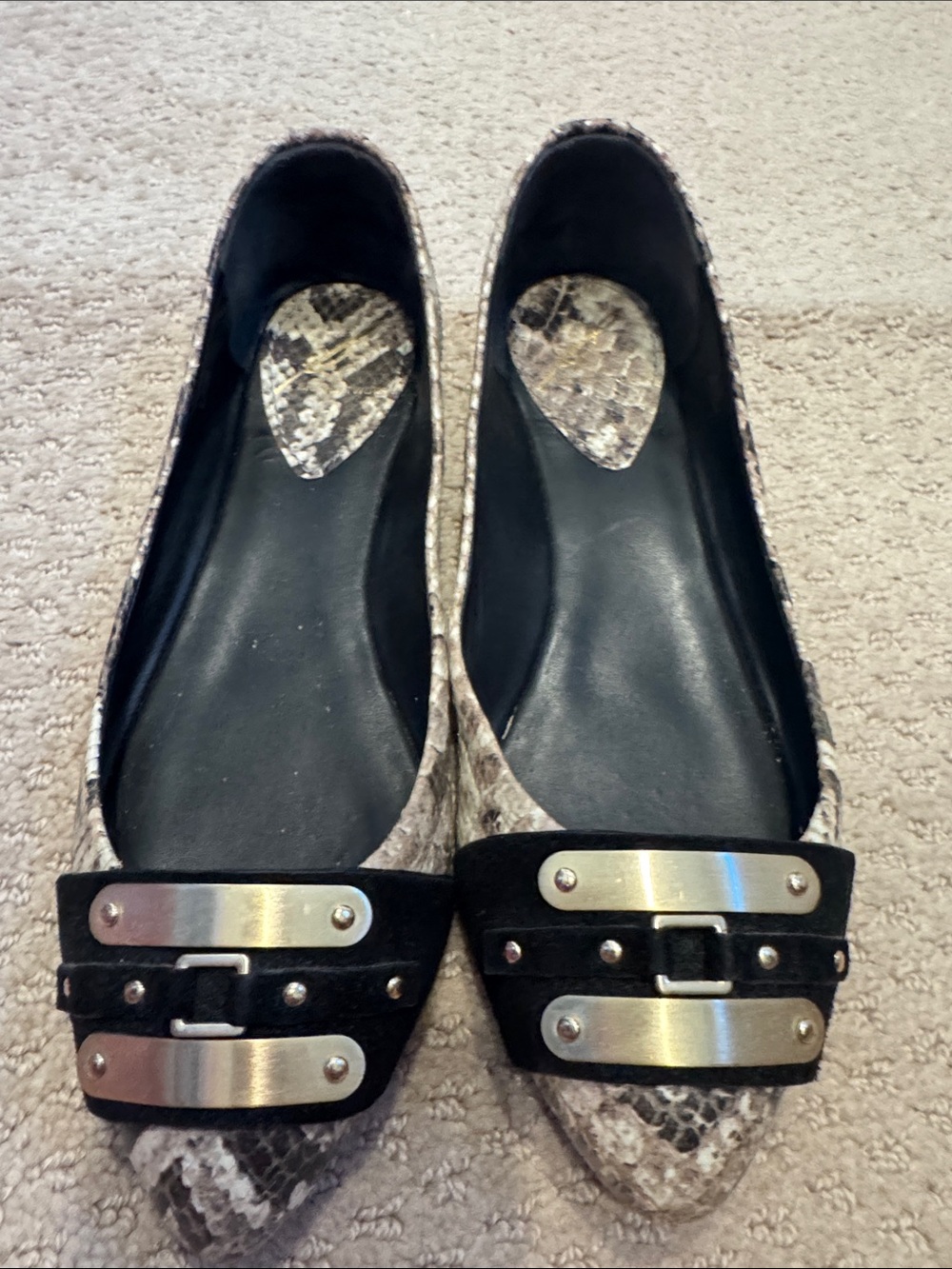 Brian Atwood Pointed Snakeskin Ballet Flats with Black Studded Accent Sz6